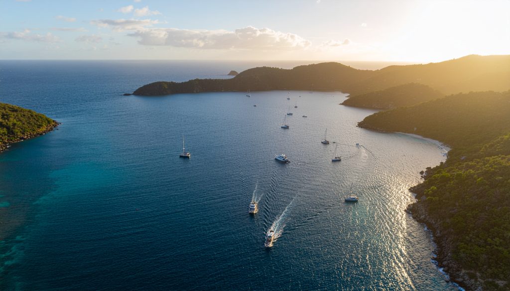 Aerial view of luxury yachts in the USVI